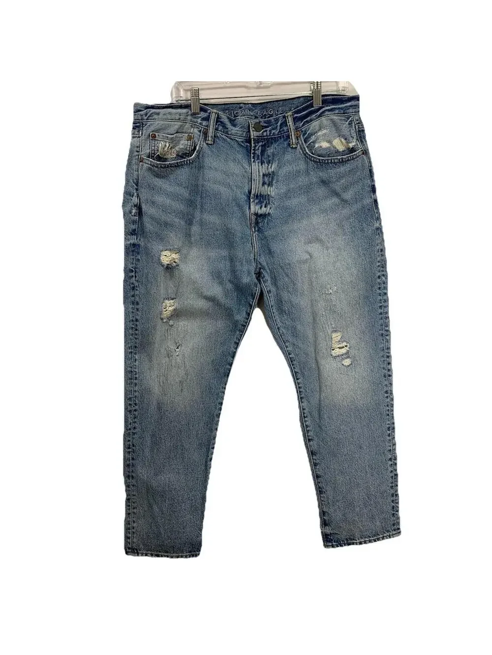 American Eagle Relaxed Slim Jeans Mens 36x30 Blue Distressed Ripped Straight Leg